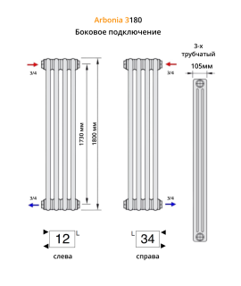 Радиатор Arbonia 3180/12 секций боковое подключение цвет белый RAL 9016
